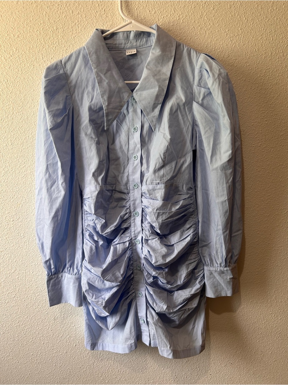 Light Blue Ruched Button-Up Dress